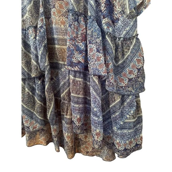Boho Kimono Duster Ruffle Trim Open Front Blue Paisley Print Cover Up - Picture 4 of 8
